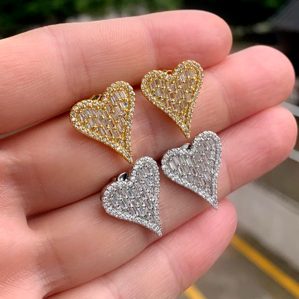 Bling Heart Shape Stud Earring Micro Pave CZ 5A Cubic Zircoina Love Charm