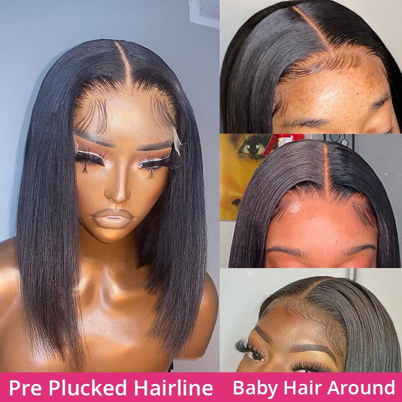 Brazilian Human Hair Short Cut Bob Lace Frontal Wig With a PrePlucked Hairline